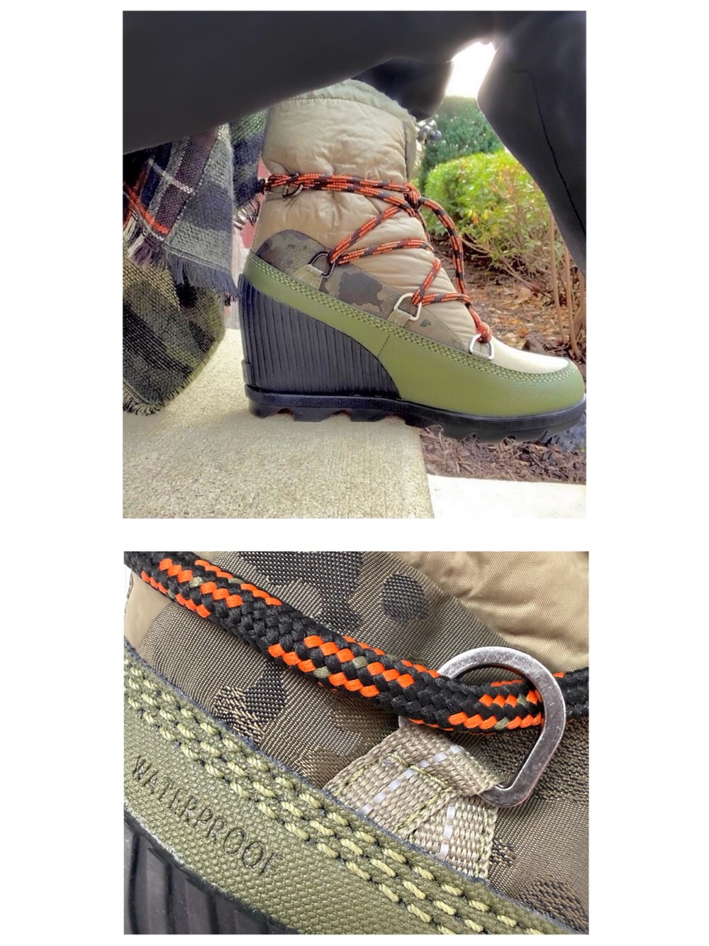 Sorel Olive Green and Tan Wedge Winter Boot with Orange Accent Laces